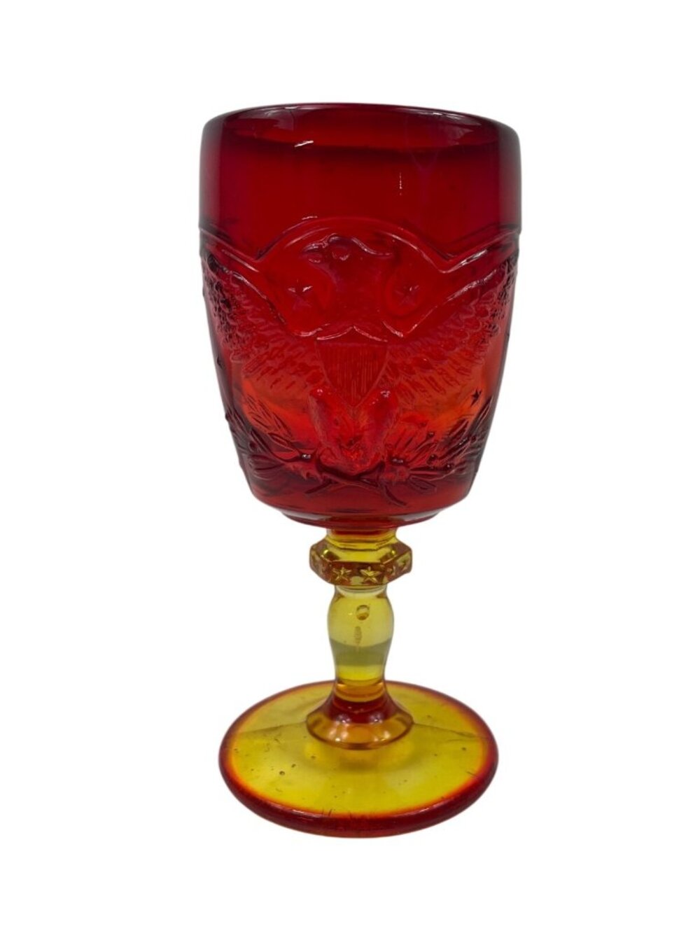L.E. Smith Amberina American Eagle Water Goblet Glassware Red & Yellow Pedestal